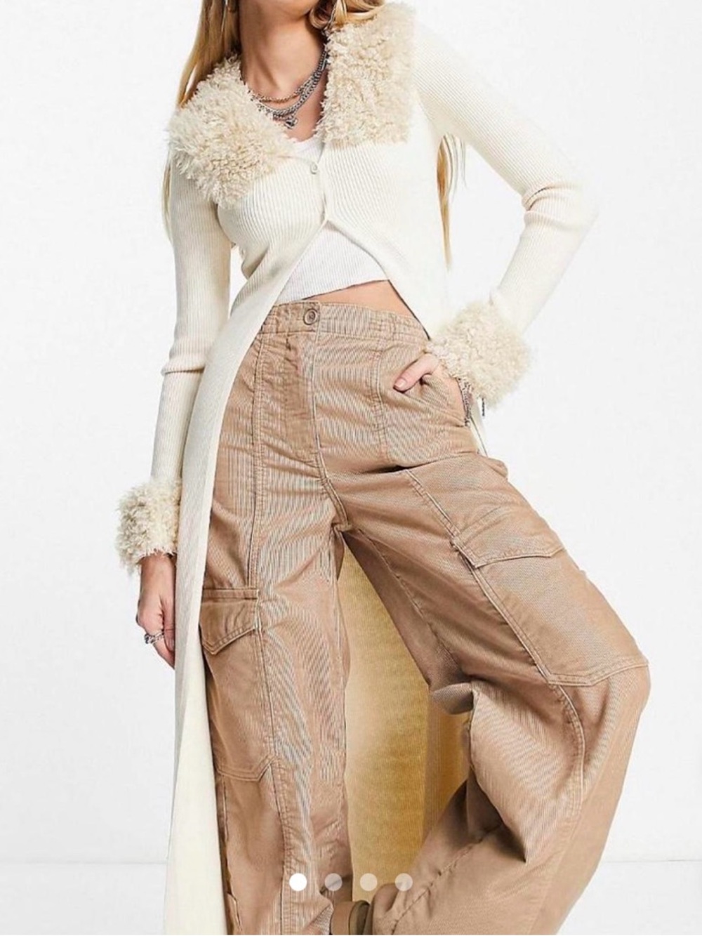 Bershka Cream Teddy-Trim Long Cardigan NWT - Picture 2 of 9